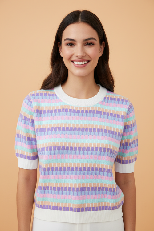 Abstract Stripe Short Sleeve Sweater Knit Top