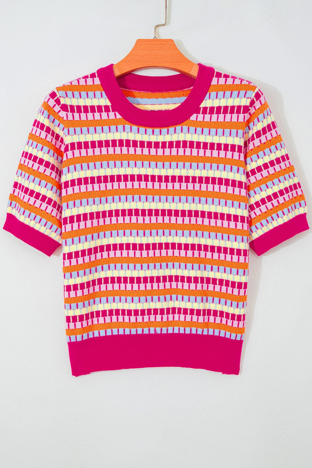 Abstract Stripe Short Sleeve Sweater Knit Top